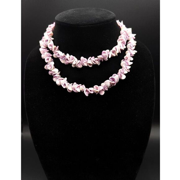 Shell Statement Necklace - Purple and White Periwinkle Lily Shell Beads - 32" - Picture 2 of 4